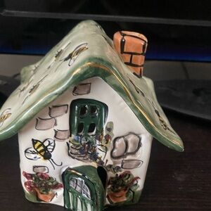 Charming Green and White Ceramic Cottage Figurine. With tray